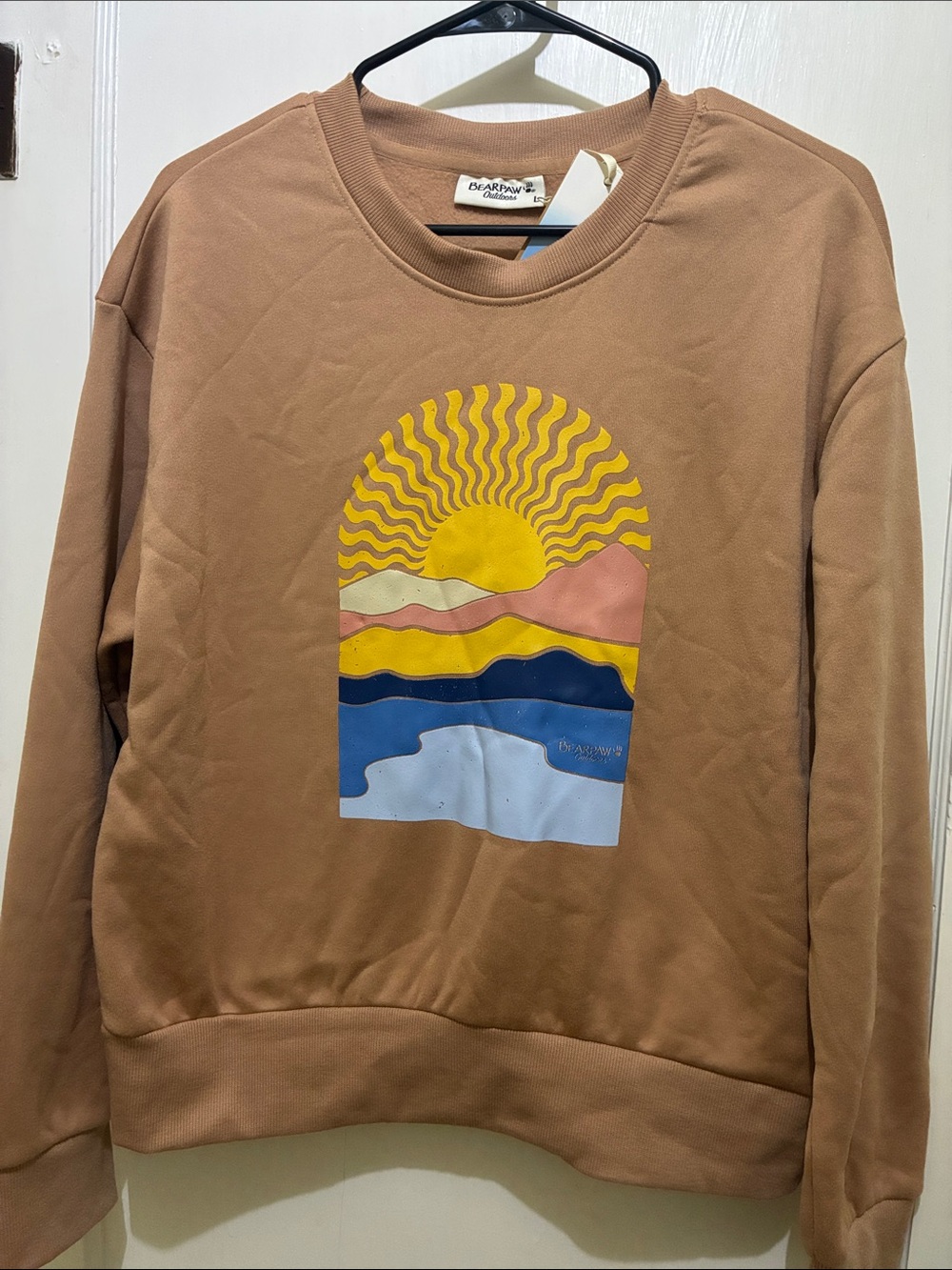 BearPaw Brown Crewneck Sweatshirt with Yellow, Blue & Pink Graphic